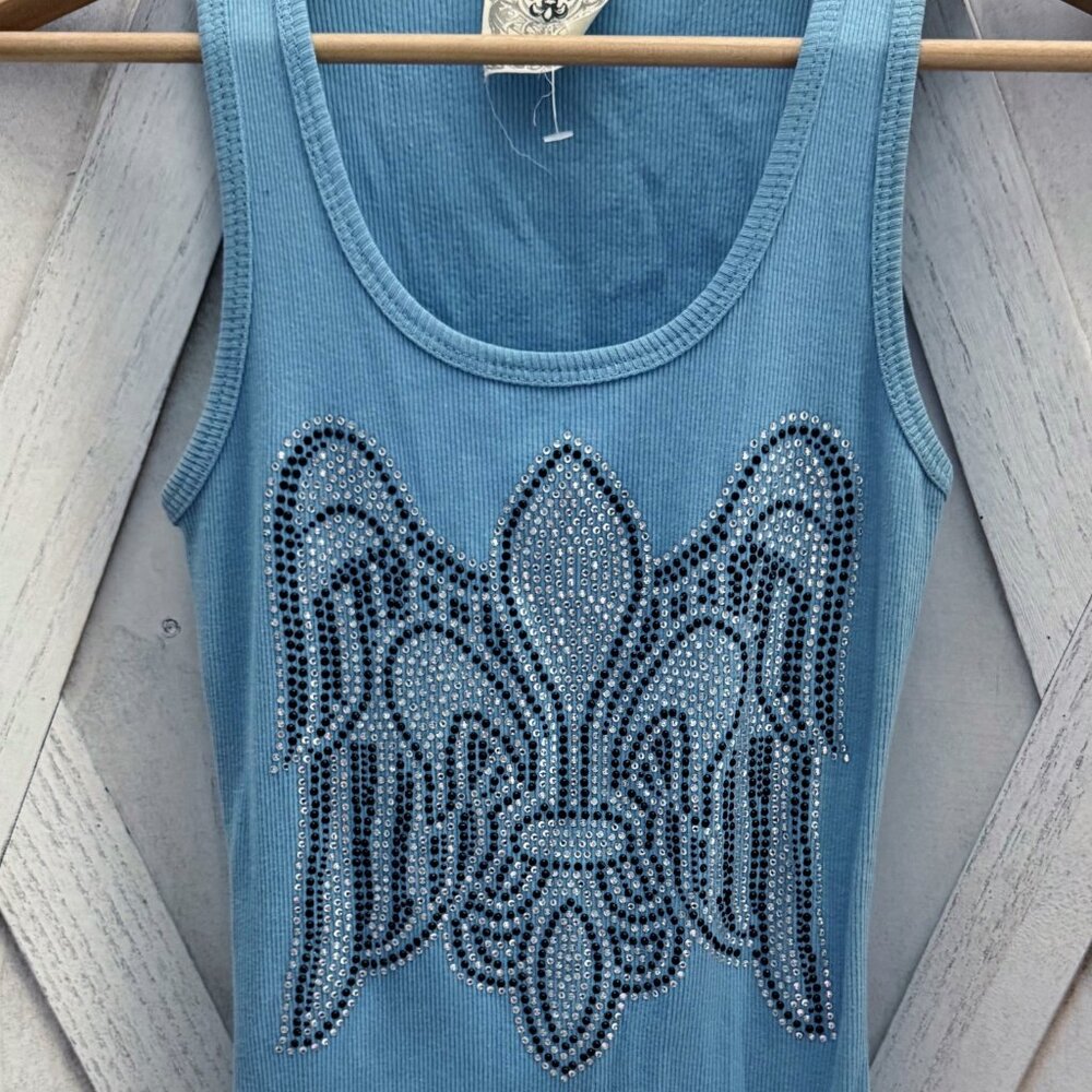 New Vocal Apparel Juniors Slim Crystal Blue Wings Fleur de lis Tank Top S Small